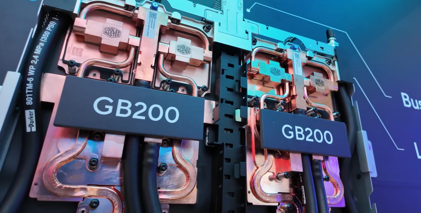 A GB200 compute tray with copper cold plates over two Blackwell GPUs and a Grace CPU, shown at Computex 2024