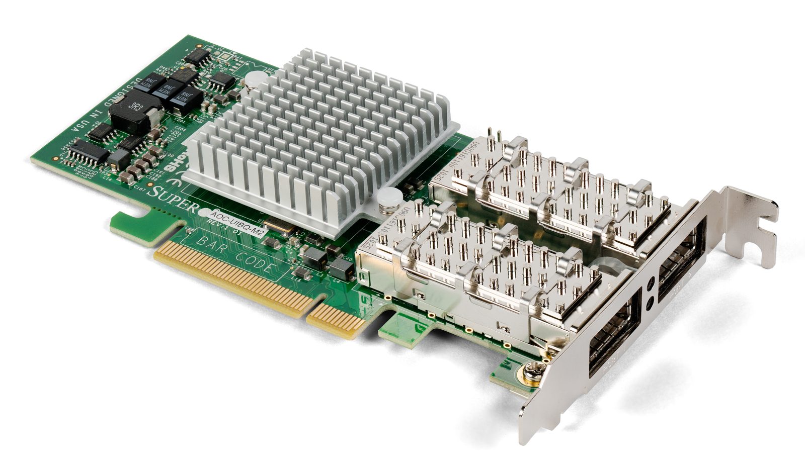 A dual-port QDR InfiniBand host channel adapter card with a Mellanox ConnectX chip under a heat sink