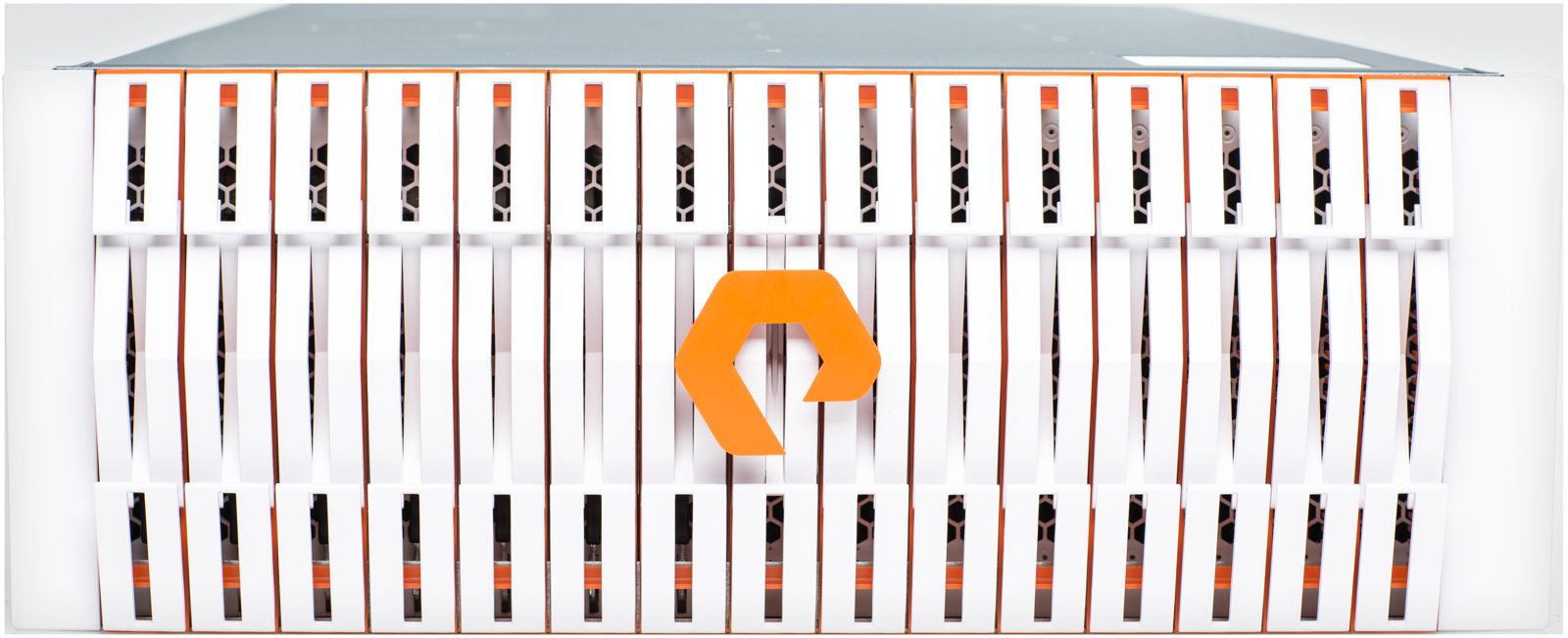 A Pure Storage FlashBlade chassis with its row of white blades