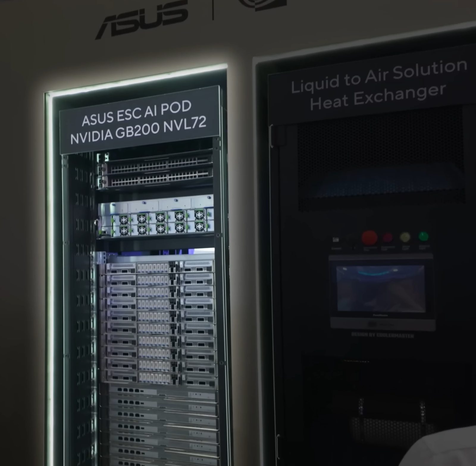 An ASUS ESC AI POD rack with NVIDIA GB200 NVL72 compute trays beside a liquid-to-air heat exchanger sidecar at Computex 2024